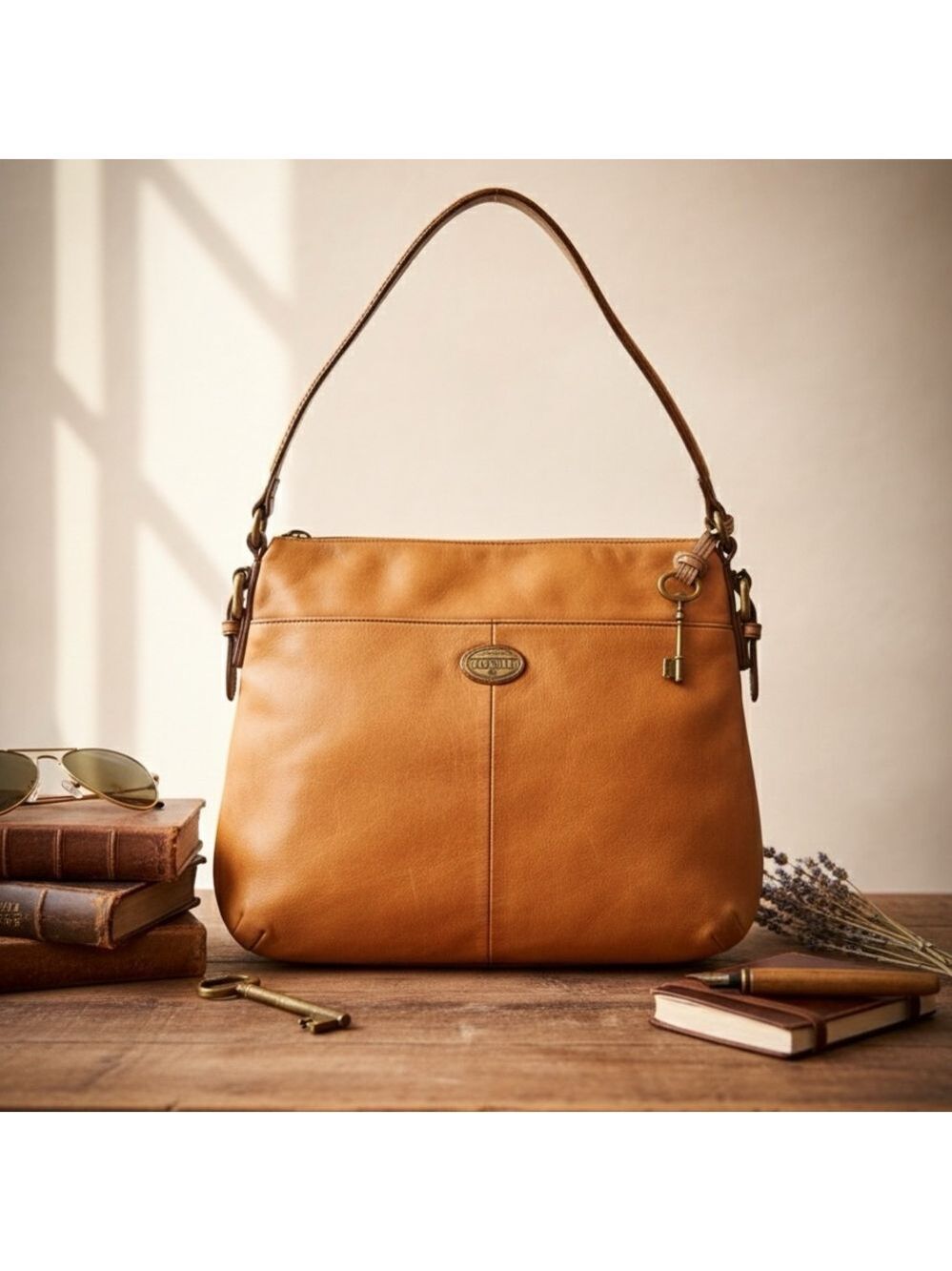 Vtg Y2K Fossil Toffee Leather Slouchy Hobo Bag